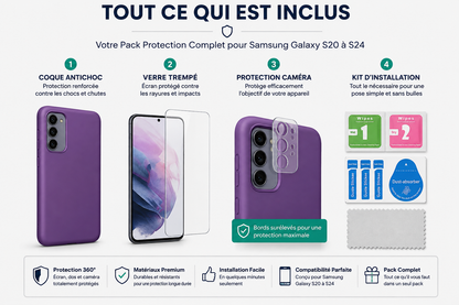 Contenu du pack protection Samsung Galaxy S20 à S24 avec coque et verre trempé