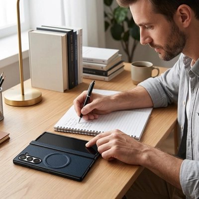Samsung Galaxy Z Fold avec coque silicone protectrice sur un bureau