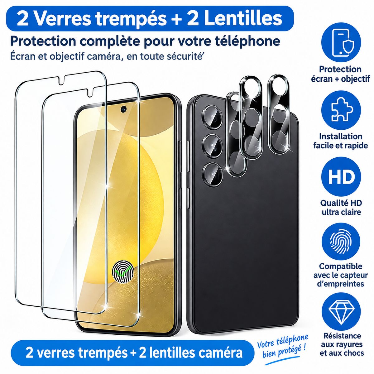 Verre trempé Samsung 2+2 Écran et Caméra